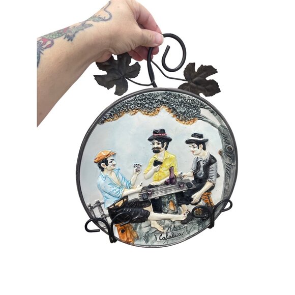 Mid Century Calabria Italian VTG Ceramic Raised Scene Hand painted Wall Art - Picture 7 of 10